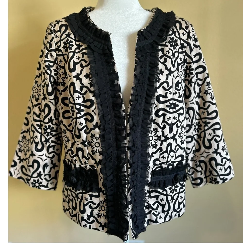 Marisa Christina Evening Blazer Jacket Womans XL Black Beige Floral Pockets Trim - Picture 2 of 16